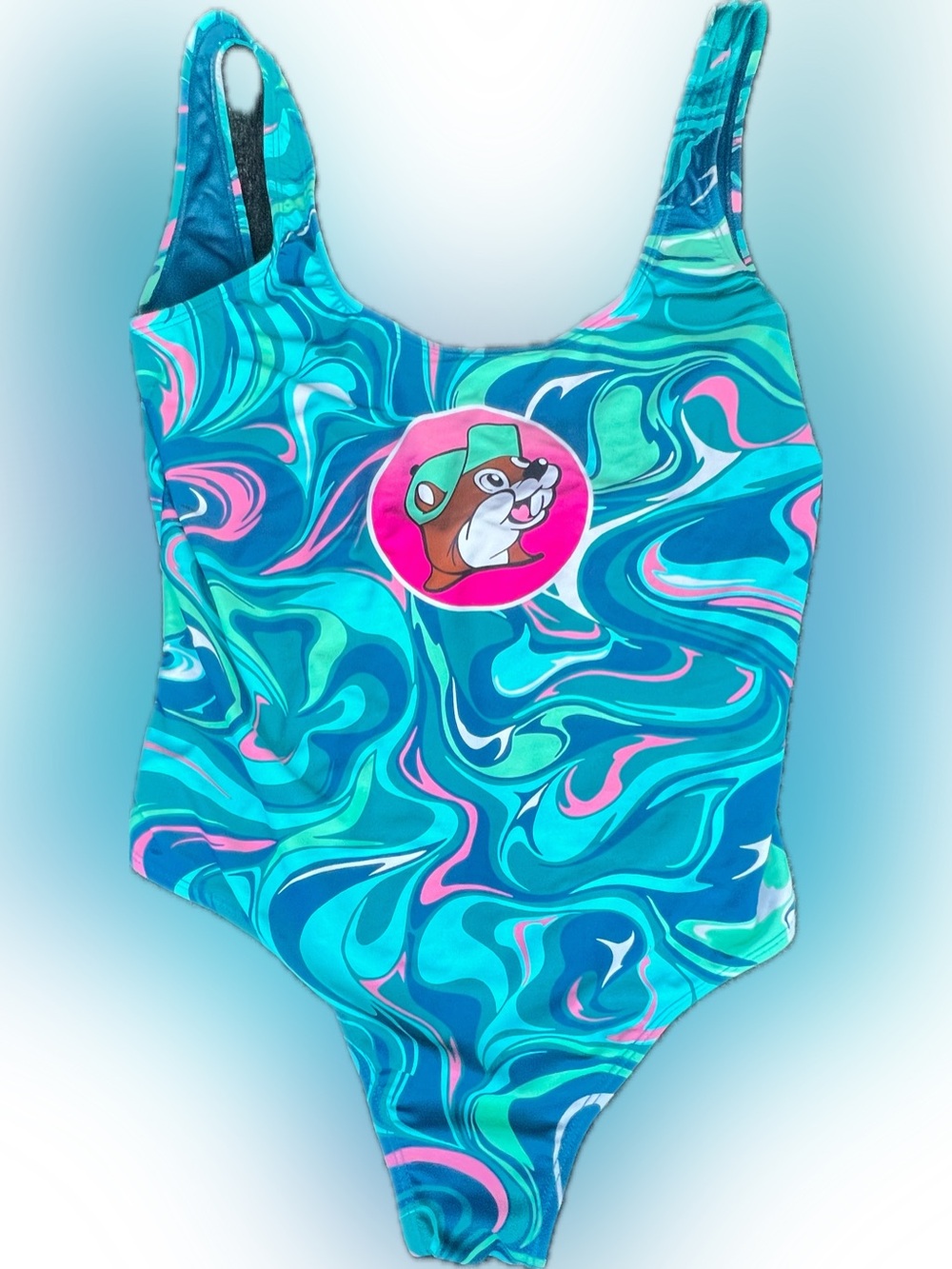 Buc-ees Beaver One Piece Swimsuit Womens M Blue Swirl Bucees Bathing Suit